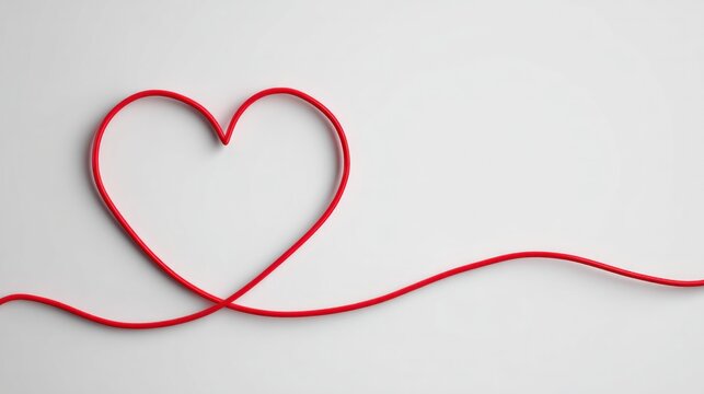 A single red string forms a perfect heart shape, symbolizing love and connection on a clean, bright background.