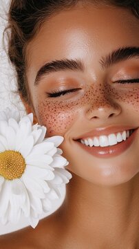 A serene woman with freckles smiling peacefully with a flower