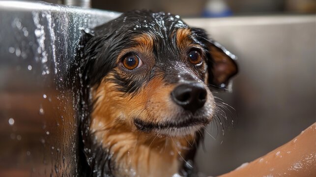 small black and tan dog in a stainless steel sink getting a bath, wet fur and wide worried eyes while a human arm rinses it