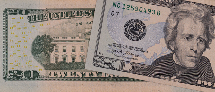 Close up macro shot of front and back sides of twenty US dollar banknotes