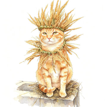 Cute Orange Tabby Cat Wearing a White Blossom Flower Crown and Floral Cloak Illustration Isolated on White Background
