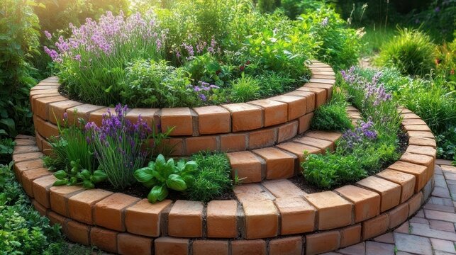 sunlit concentric brick tiered planter filled with green foliage and purple blooms beside a brick pathway, creating a peaceful backyard garden retreat