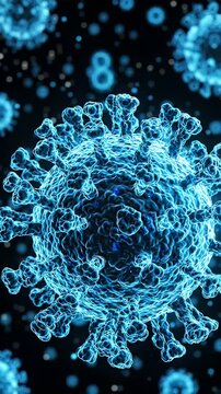Microscopic Virus Particle Closeup in Blue Light - A highly detailed, illuminated microscopic view of a virus particle, glowing with blue light against a dark background.