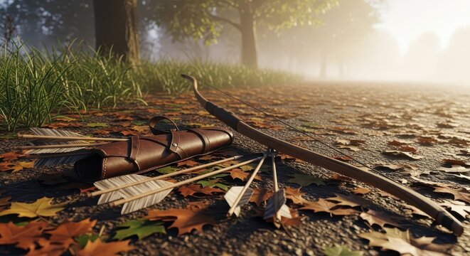 Discarded longbow and arrows on forest floor, autumn leaves, with quiver