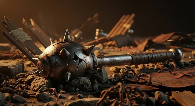 Discarded Spiked Steel Mace in Ruined Environment