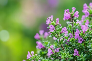 Obraz premium Close up thyme flowers blooming in garden with green foliage and soft blurred background, natural spring floral scene