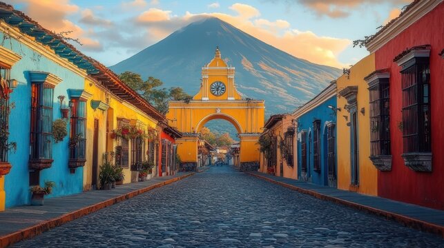 Sunlit cobblestone street lined with colorful colonial houses and hanging plants leading to a yellow arched clock gate with a towering volcano backdrop, serene and nostalgic
