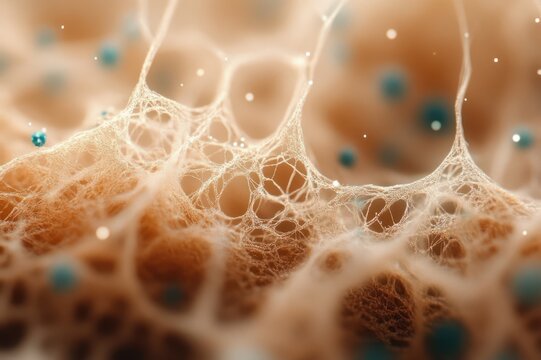 Delicate microscopic fibrous web spanning a porous sponge-like tissue with scattered blue spheres, ethereal warm beige tones and soft bokeh conveying fragile organic beauty