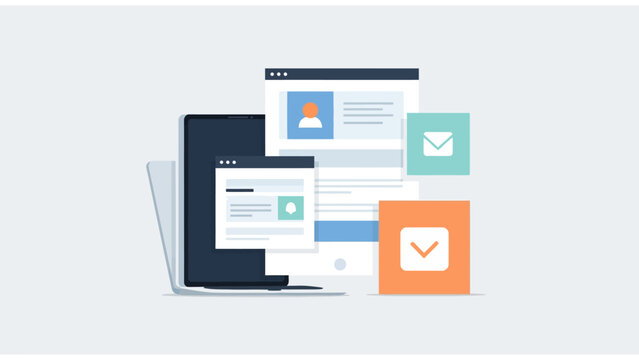Modern Digital Workspace flat illustration of laptop with floating browser windows and communication icons ideal for web design, software development, and digital marketing.