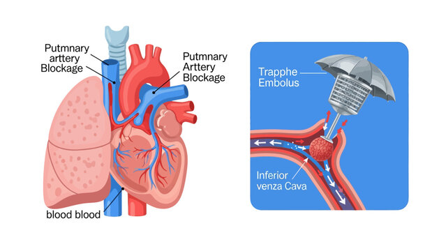 Medical Pulmonary Embolism Diagram with heart anatomy and IVC filter trapping blood clot in inferior vena cava ideal for healthcare education and cardiology presentations.