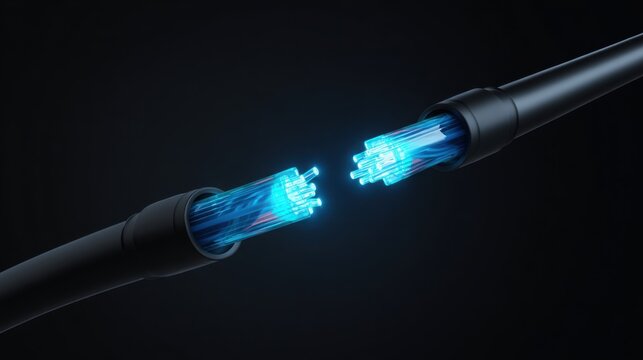 Broken network cable reconnecting with bright electric blue light at the joint, minimalist black background, restoring connectivity and technical