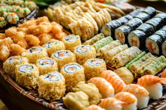 Assorted sushi roll asian snack sushi platter rice roll seaweed roll fried food fresh seafood japanese food buffet tray wicker basket