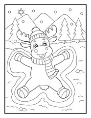 Obraz premium Cute Cartoon Moose Lying in the Snow Making a Snow Angel Coloring Book Page for Children. Simple Black and White Line Art Illustration.