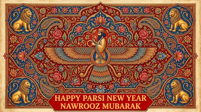 Happy Parsi New Year Nowrooz Mubarak with Faravahar symbol and traditional Persian design.