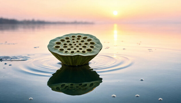 A single lotus seed pod floating on calm water at sunset, creating gentle ripples and a clear reflection under a soft, warm, golden orange sky