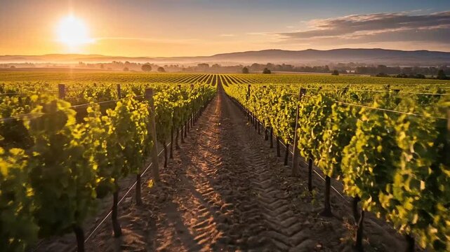 Rows of grape vines stretch across a field during a golden sunset