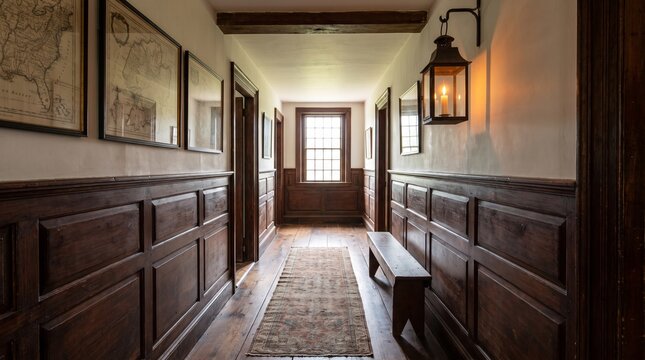 Historic hallway with wood wainscoting and map art