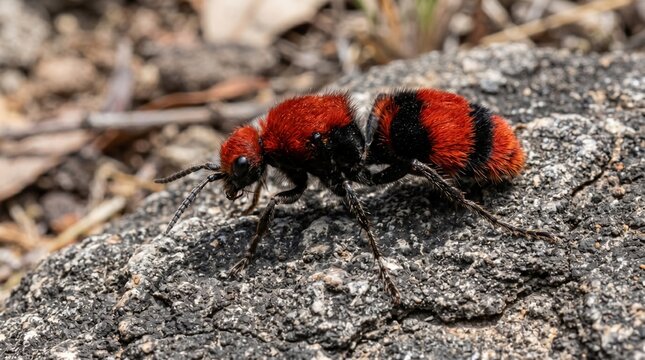 Dasymutilla occidentalis velvet ant displaying aposematic pilosity on coarse lithic substrate