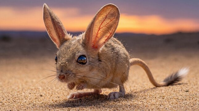 Macro close up showing the intricate large ears and expressive eyes of a rare long eared jerboa euchoreutes naso