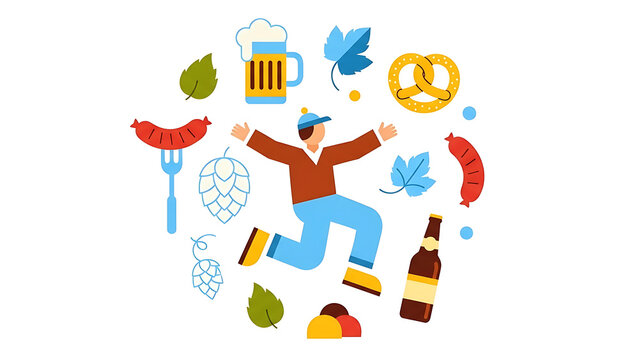 Oktoberfest man running with beer, sausage and pretzel