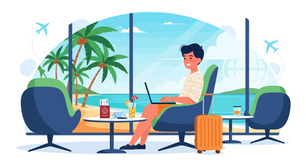 Fototapeta premium Man working on laptop in airport lounge with tropical beach view, suitcase, passport