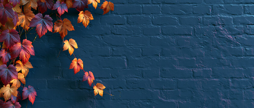 Fond d'automne : feuilles color&eacute;es sur un mur de briques bleu fonc&eacute; avec espace de copie.