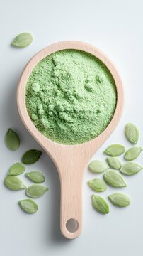 A wooden spoon filled with green powder and pumpkin seeds on a white surface