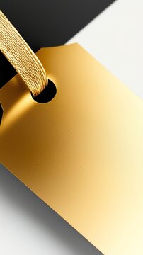 A gold tag with a rope on a black and white background