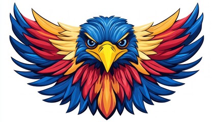 Fototapeta premium Vibrant stylized eagle head with outstretched red, blue and yellow wings, layered feathers and a fierce, intense glare conveying power and determination