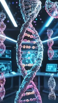 3D DNA Double Helix Molecule Abstract Science - A close-up 3D video of a glowing DNA double helix molecule with a spiral structure.