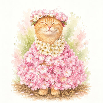 Cute Ginger Cat Wearing a Pink Cherry Blossom Dress &ndash; Watercolor Storybook Illustration