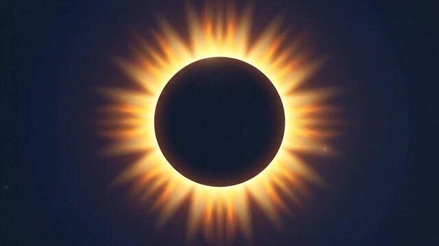 Graphic solar eclipse with stylized orange sun rays.
