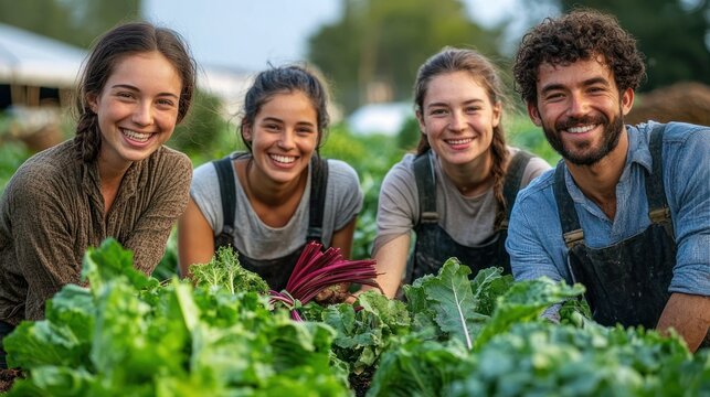 four young gardeners in overalls smiling while harvesting fresh leafy greens and bunches of beets in a community garden, showing teamwork and pride