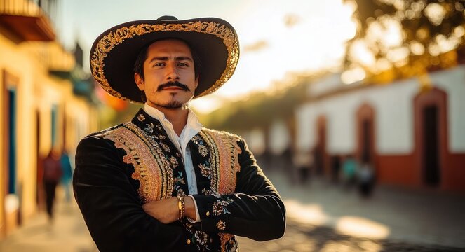 person in ornate embroidered charro suit and wide sombrero standing with arms crossed on a sunlit colonial street at golden hour, confident and proud