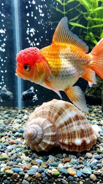 Oranda Goldfish Swimming Near Seashell and Gravel Aquarium - A vibrant Oranda goldfish with its distinctive red wen swims gracefully in a freshwater aquarium.