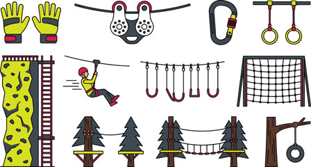 Adventure park obstacle course elements vector set with climbing wall zipline rope bridge and safety gear icons © Shukimon
