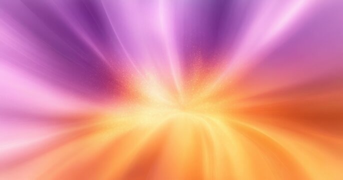 Radiant abstract burst of warm orange and soft purple light with flowing streaks, glowing center and golden sparkles evoking uplifting dreamy energy