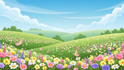 Fototapeta premium Idyllic landscape with rolling green hills and colorful wildflowers Keywords: landscape, nature