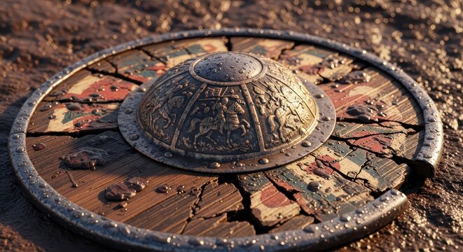 Fragmented Viking Shield with Embossed Warrior Scene
