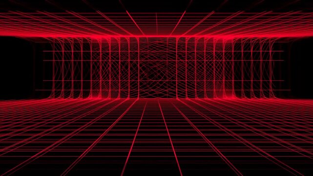 Neon red wireframe portal glowing within dark interior, with centered symmetry, vertical columns, layered grid lines, and strong futuristic depth creating vivid digital atmosphere