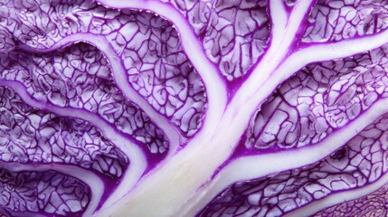 Obraz premium Extreme macro of freshly cut purple cabbage revealing intricate natural fractal veins, vibrant violet and white textures, crisp studio lighting