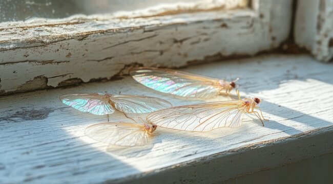 four pale translucent cicadas with iridescent wings resting on a sunlit peeling white windowsill, casting delicate shadows in a calm, fragile scene