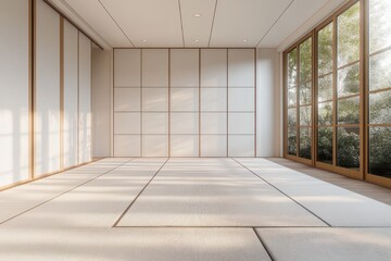 Fototapeta premium Sunlit minimalist Japanese tatami room with tatami mats, sliding paper panels and large wooden-framed glass doors opening to a garden, calm serene meditative atmosphere