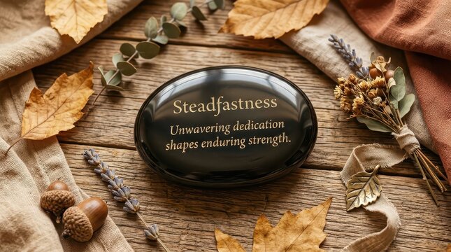 Inspirational Stone with Steadfastness Quote on Wooden Surface Surrounded by Autumn Leaves