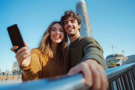 Young couple smiling and taking a selfie on a sunny urban promenade by a metal railing with a tall cylindrical skyscraper and construction cranes behind them
