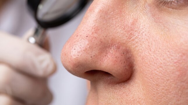 Close up examination of acne prone skin showing blackheads on a nose with a magnifying glass