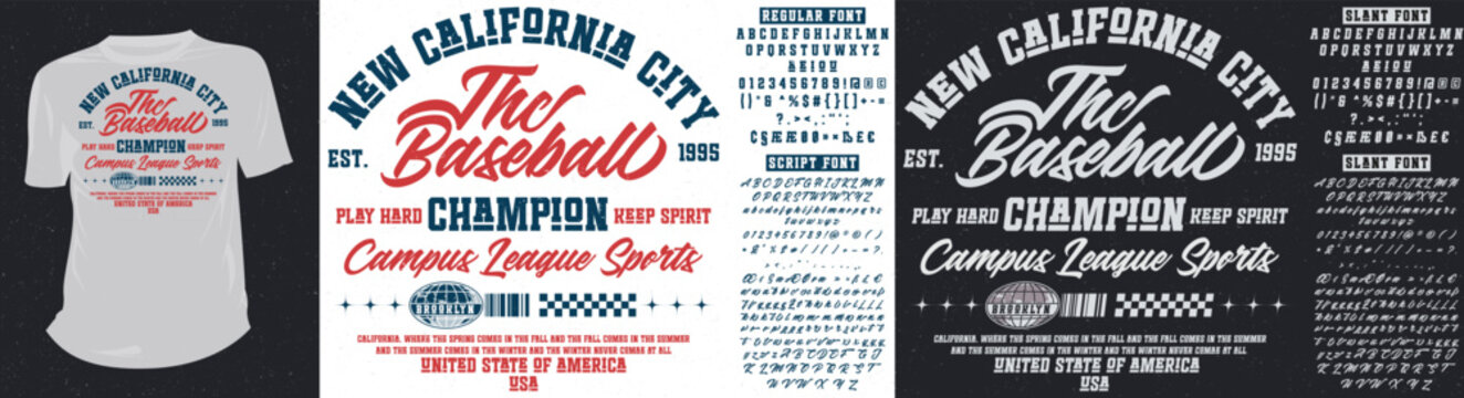 Vintage New California City Baseball Champion Campus League Typography and T-Shirt Design Kit with serif and script vector font