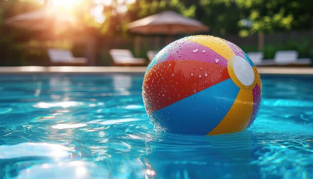 colorful beach ball with water droplets floating in a sunlit blue pool with ripples and blurred lounge chairs and umbrellas evoking relaxed summer playfulness
