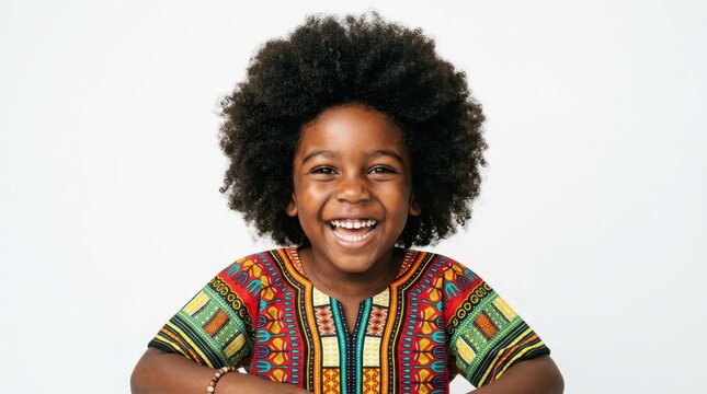A joyful young African American boy with a large natural afro hairstyle laughing heartily while wearing a colorful traditional dashiki shirt on a white studio background, radiating pride and pure joy.