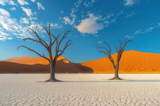 Two skeletal dead trees on a cracked white clay pan with towering orange sand dunes under a vivid blue sky, evoking stark solitude and timeless beauty